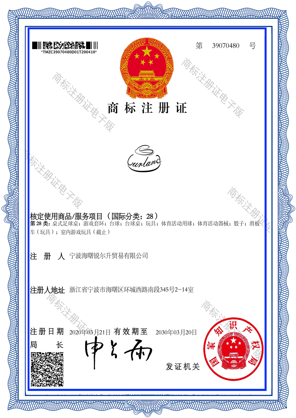 Curland trademark registration certificate